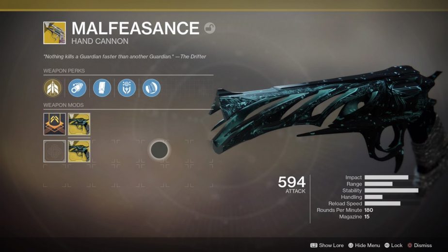 Destiny 2's Malfeasance hand cannon.