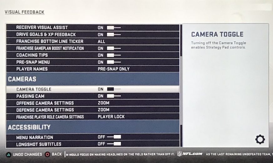 camera settings in madden 19