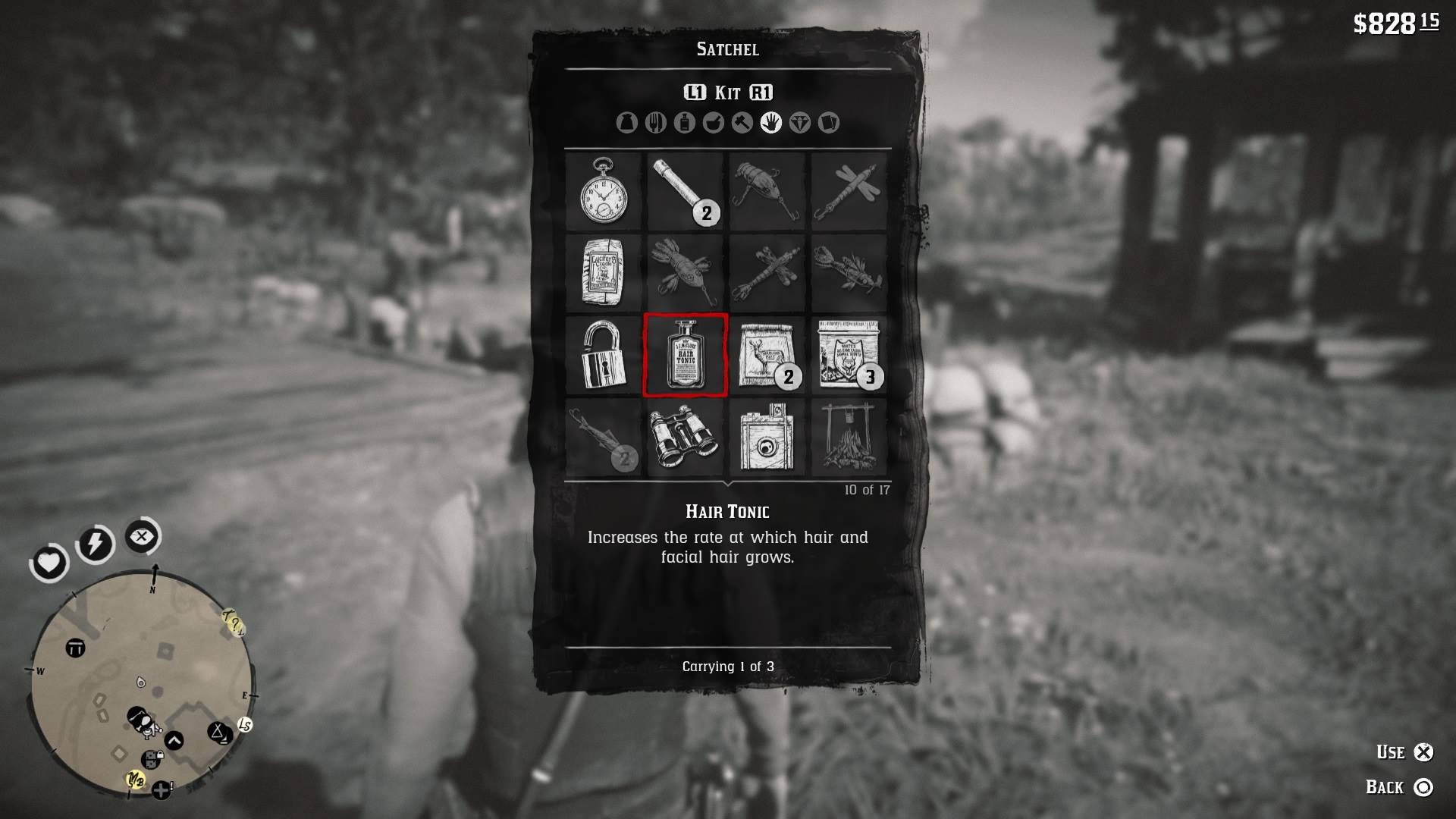 Red Dead Redemption 2: Hair Tonics are located in the Kit section of Arthur's satchel.