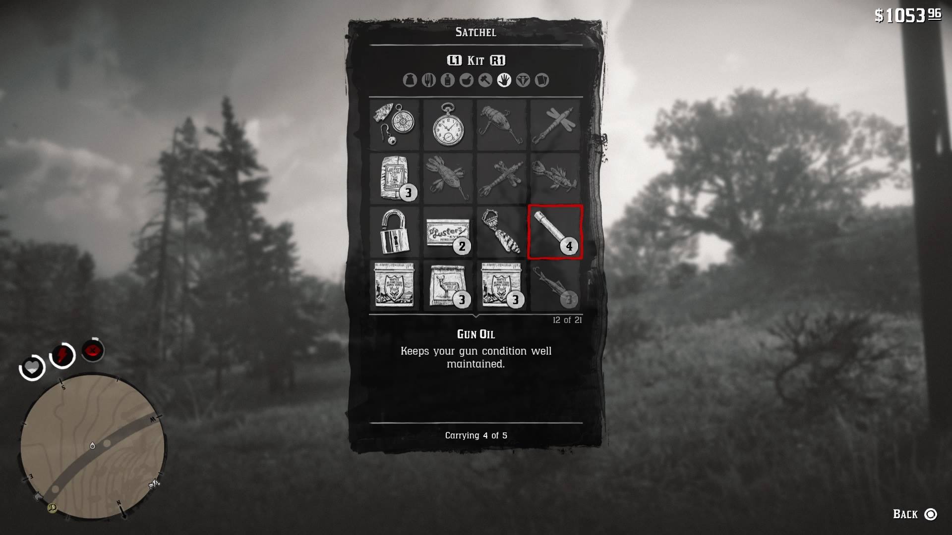 In Red Dead Redemption 2, Gun Oil is stored in the satchel's "Kit" section.