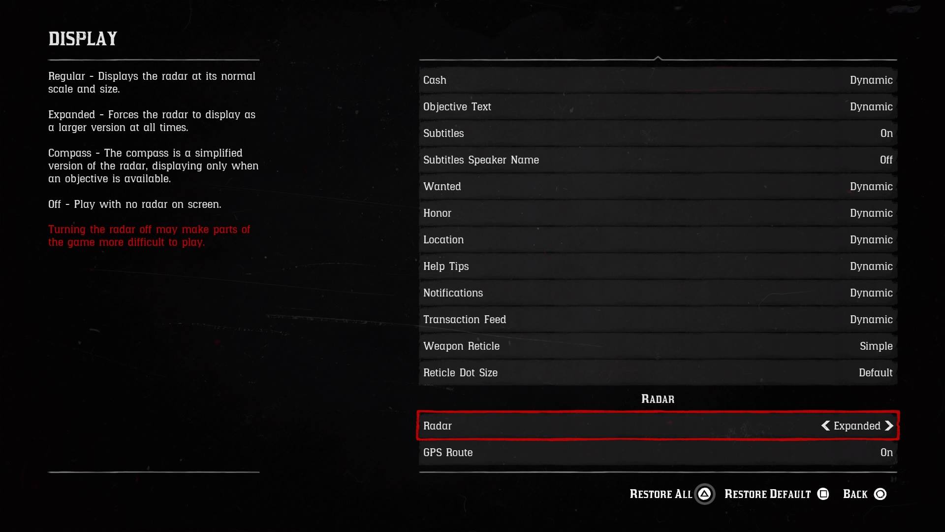 Red Dead Redemption 2: Head to the Radar subsection to tweak the mini-map.