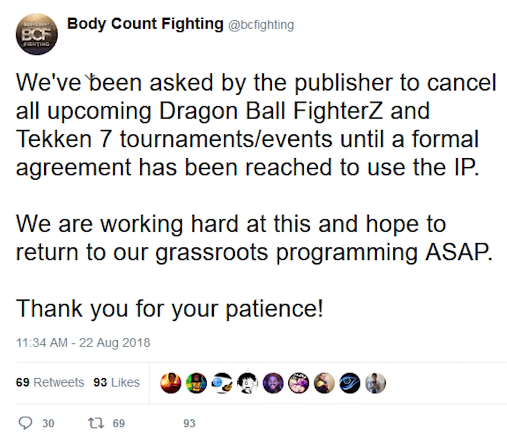 archived tweey showing the reality of the DBFZ tournament closures
