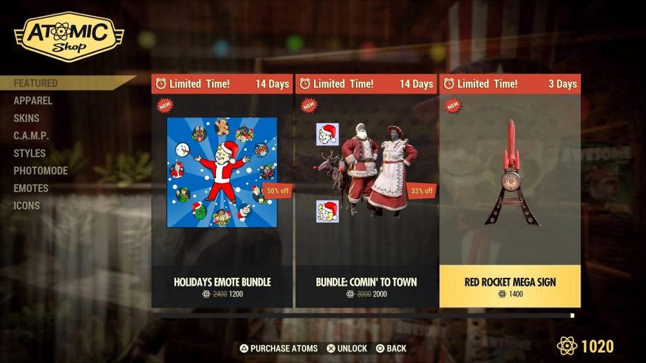 Fallout 76 Atomic Shop Holiday Items Available