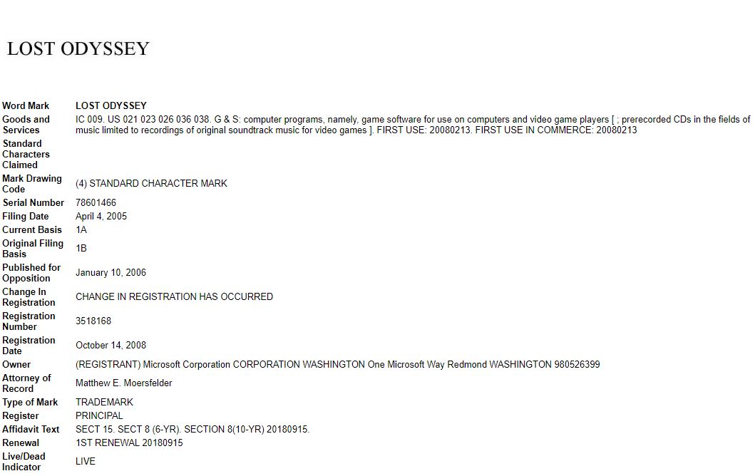 The mysterious Lost Odyssey Trademark