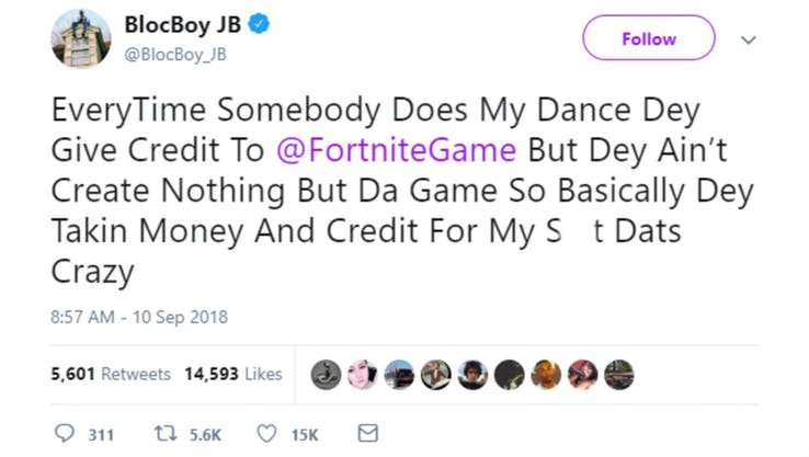BlocBoy JB is not amused about his dance showing up in Fortnite.