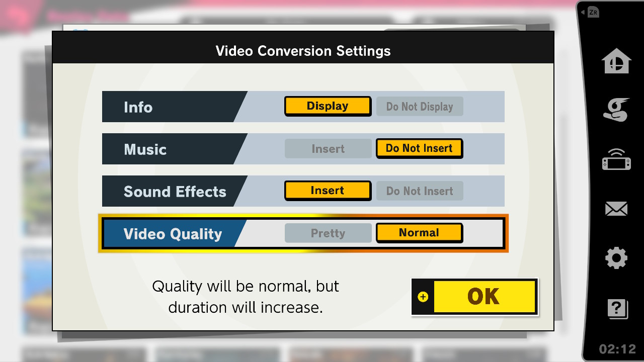The video Conversion Settings in Super Smash Bros Ultimate