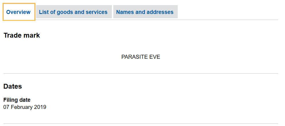 This is the Trademark Overview for Parasite Eve in the UK