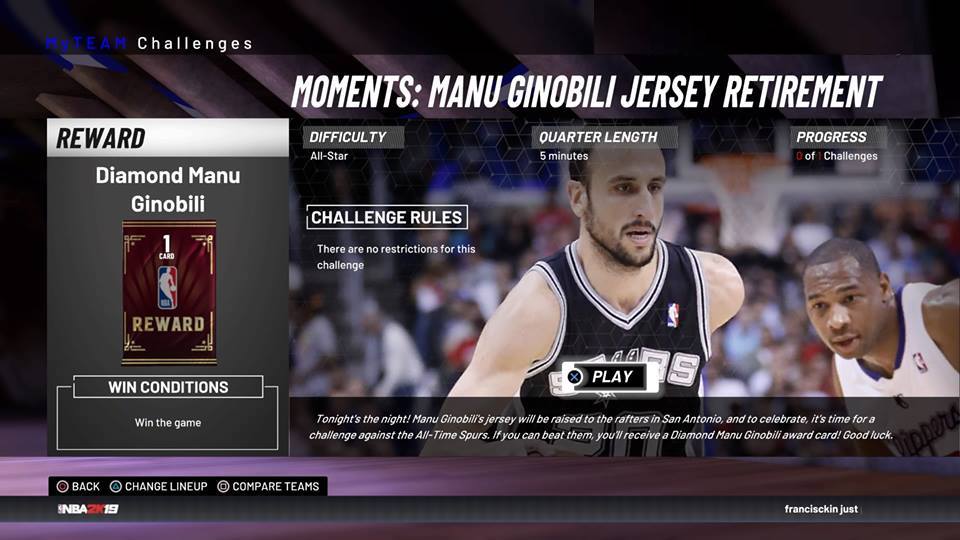 how to get nba 2k19 myteam manu ginobili diamond