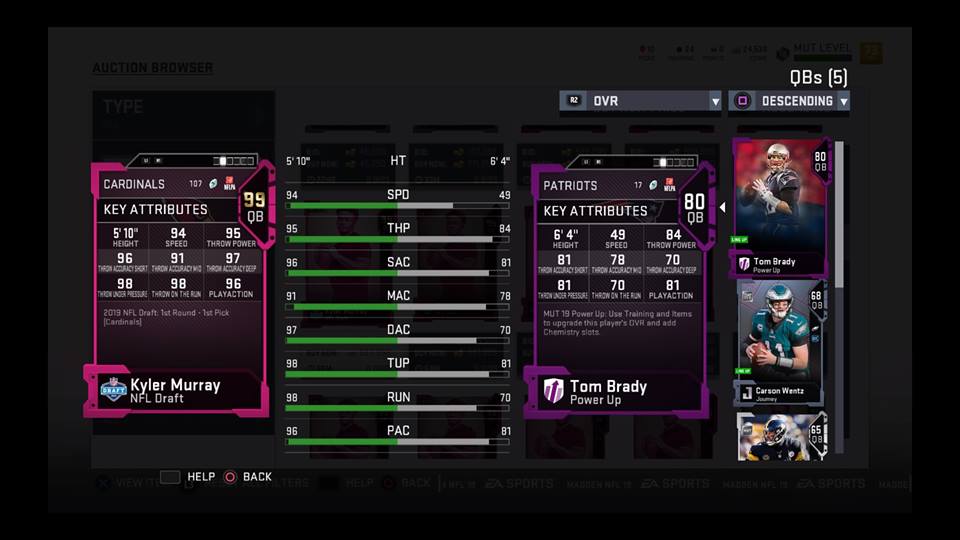 kyler murray 99 OVR draft card in MUT shows key attributes ratings