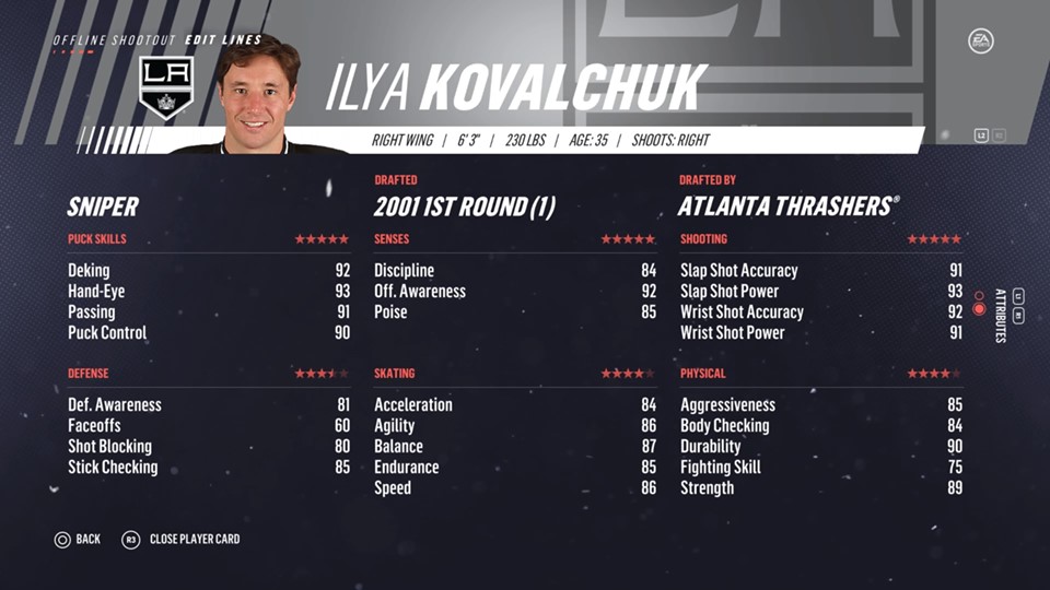 A look at Ilya Kovalchuk's NHL 19 player attribute ratings