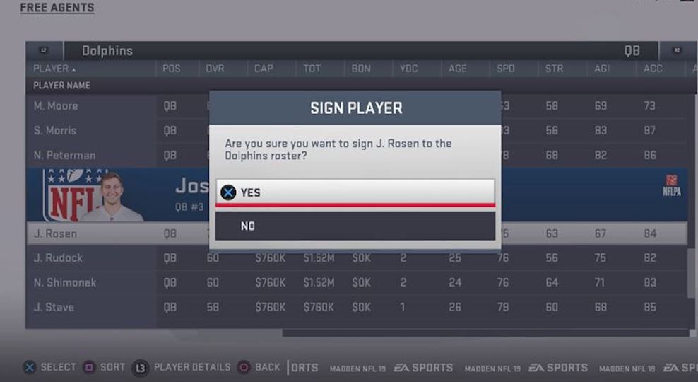 Sign Josh Rosen as a free agent in Madden 19 roster updates