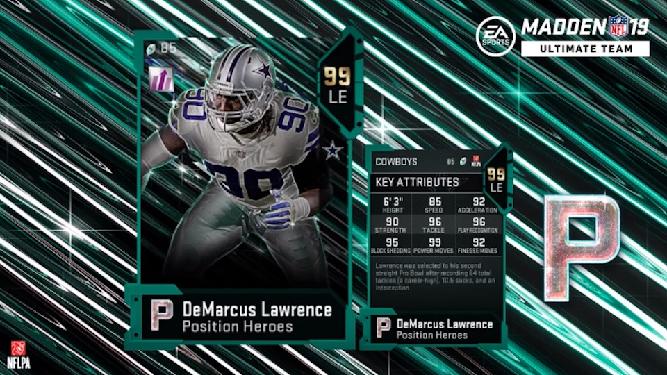 Cowboys DeMarcus Lawrence Madden 19 Position Heroes card with attributes