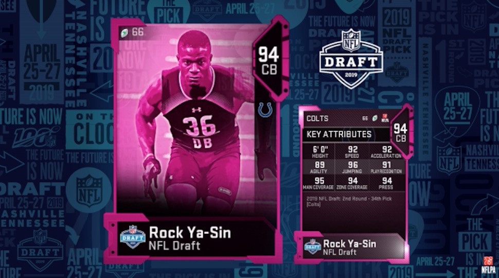 the new Madden Ultimate Team NFL Draft 2019 card for Colts rookie Rock Ya-Sin