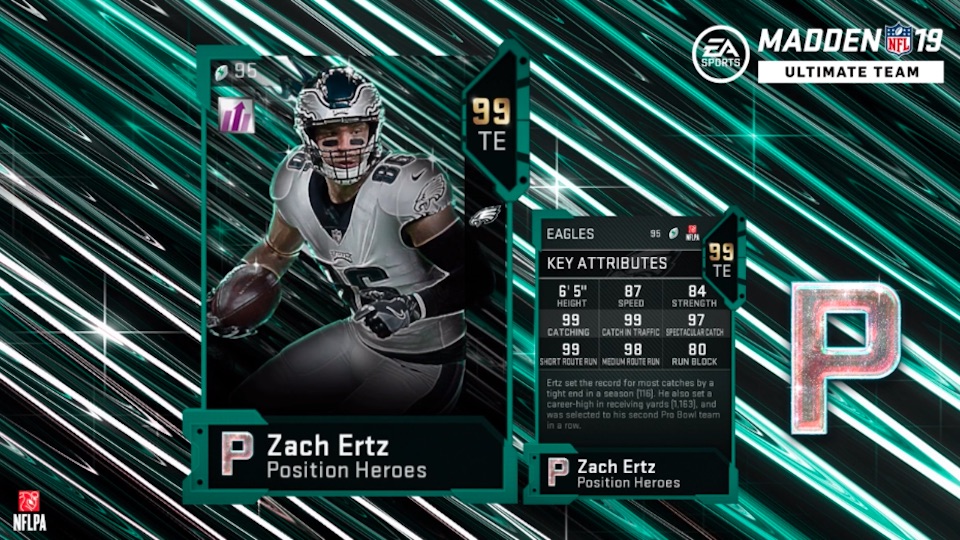new madden 19 position heroes card for zach ertz including key attributes