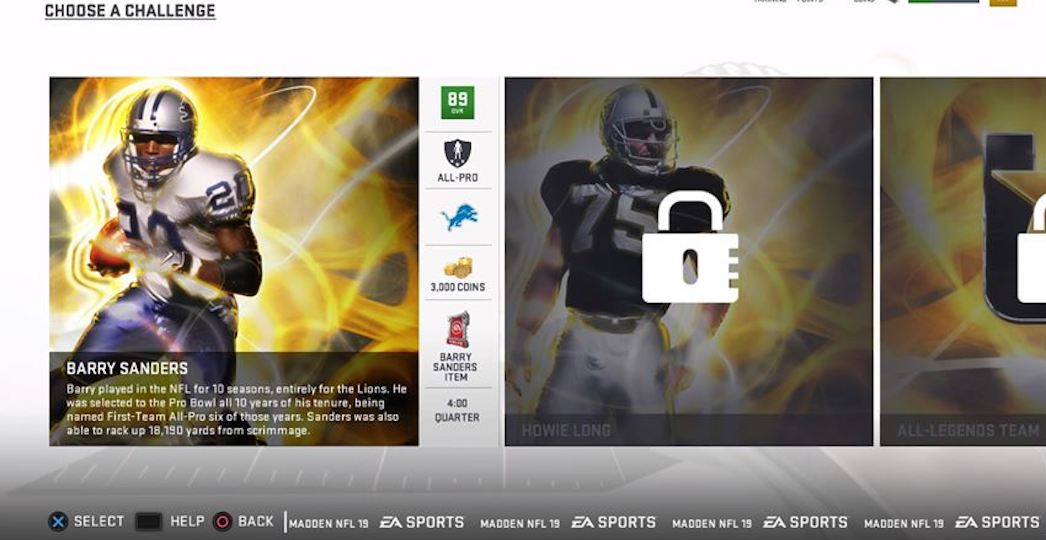 madden ultimate team challenges to earn barry sanders, howie long MUT cards