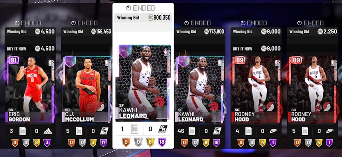 NBA 2K19 auction house prices for cj mccollum, kawhi leonard playoff moments cards