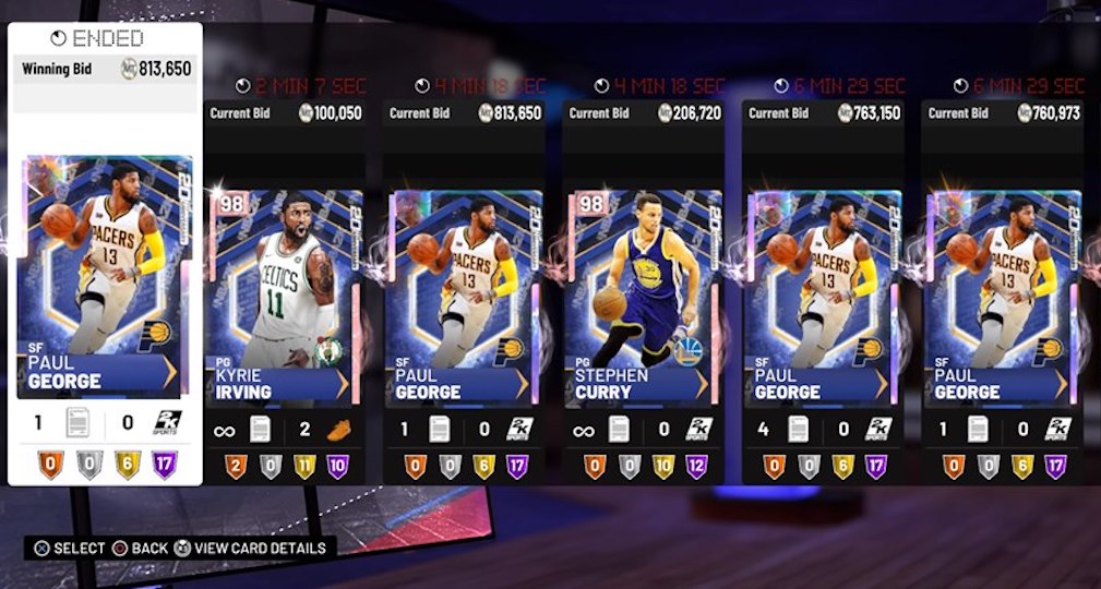 recent auctions for Paul George 20th Anniversary Galaxy Opal cards at NBA 2K19 MyTeam Auction House