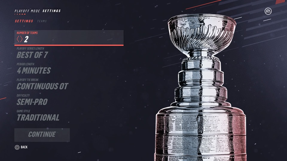 view of the nhl 19 playoff mode settings menu to simulate stanley cup finals