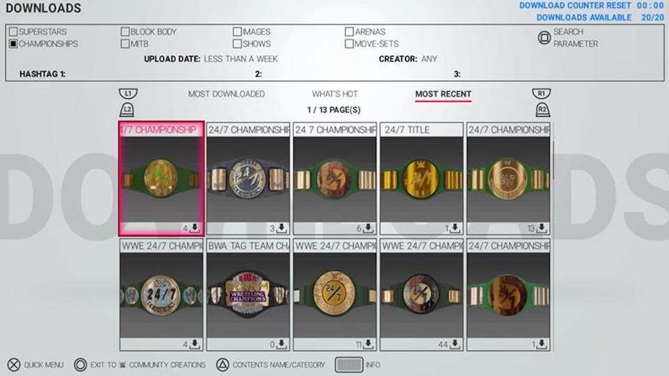 PS4 community creations showing the new 24/7 championship belts designed by fans