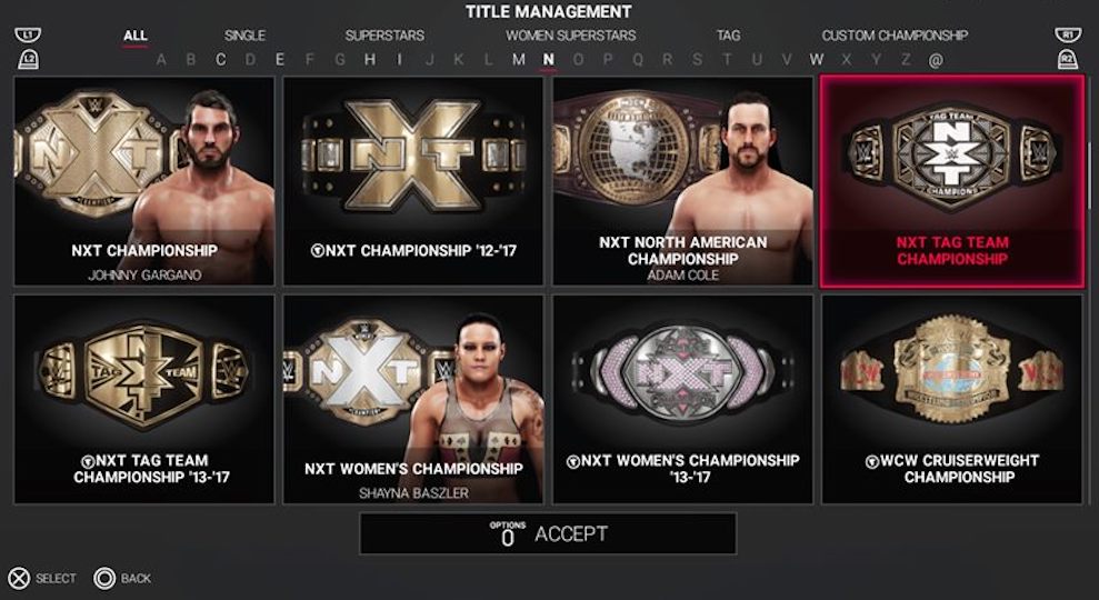 wwe 2k19 title management screen with superstars and championship belts