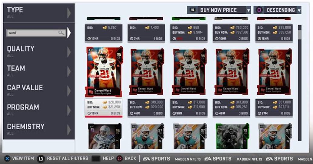 madden 19 auctions for denzel ward player spotlights card