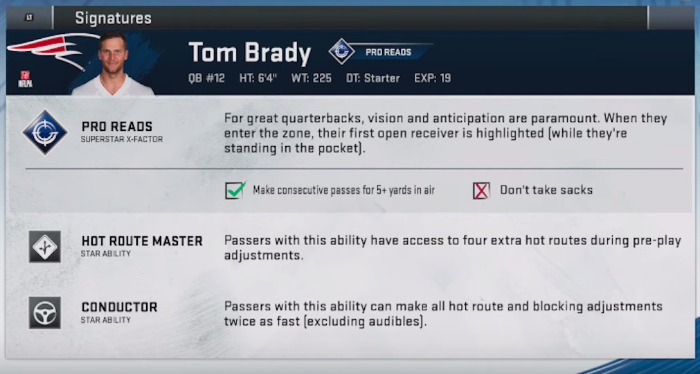 Tom Brady Madden 20 Signatures, X-Factor, Zone and Star Abilities