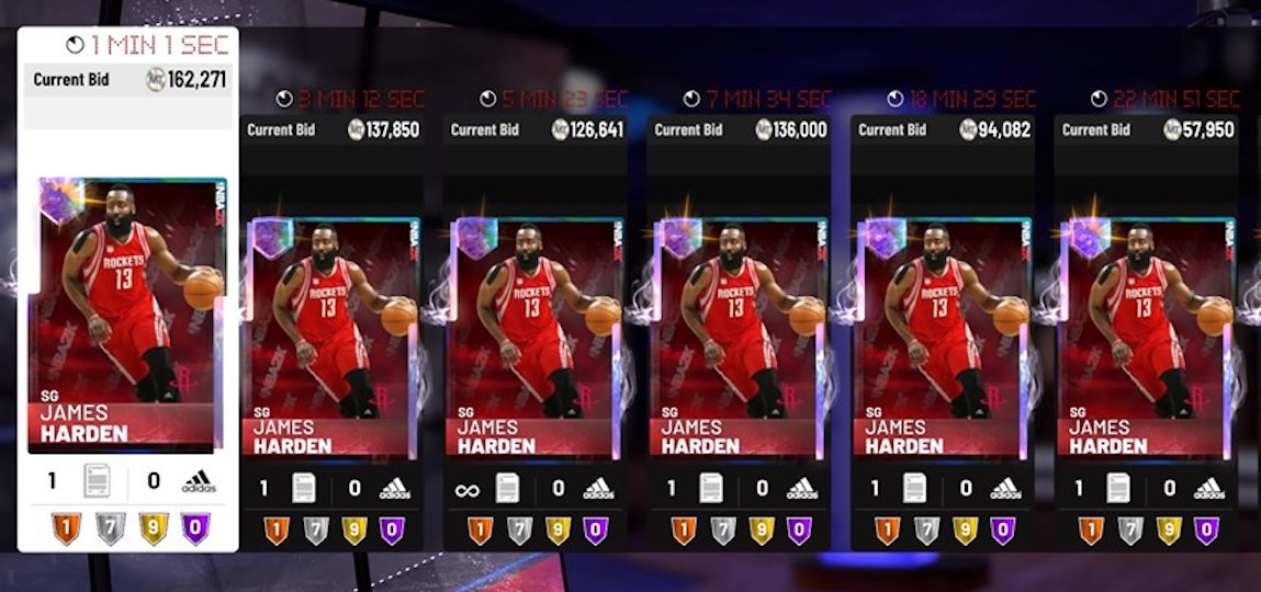 nba 2k19 auctions for james harden galaxy opal cards at auction house