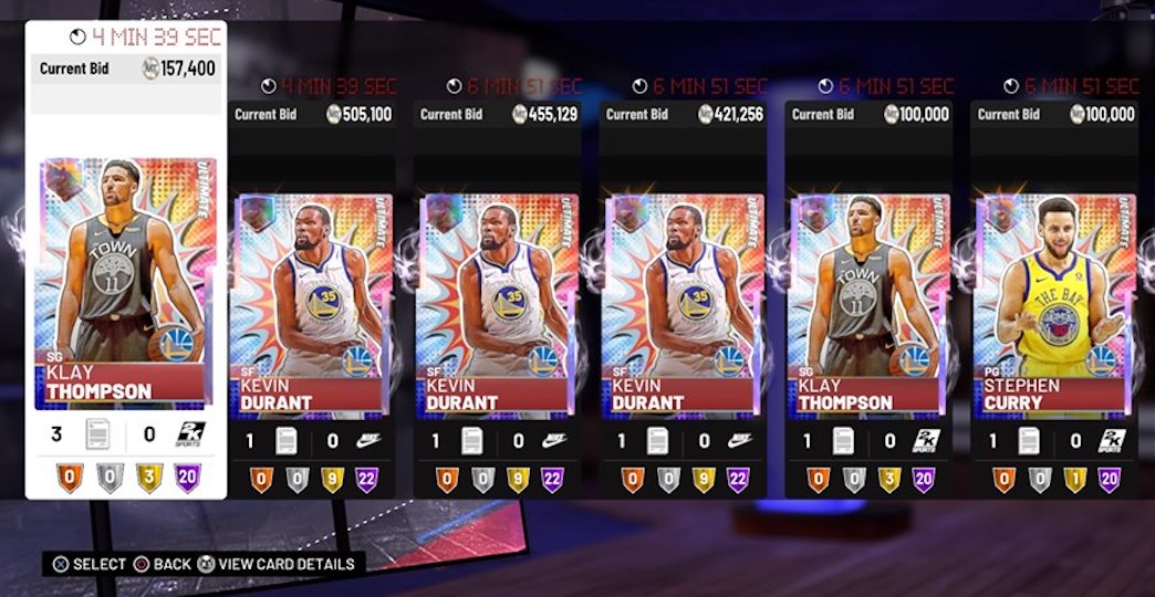 nba 2k19 ultimate packs player auctions for golden state warriors cards