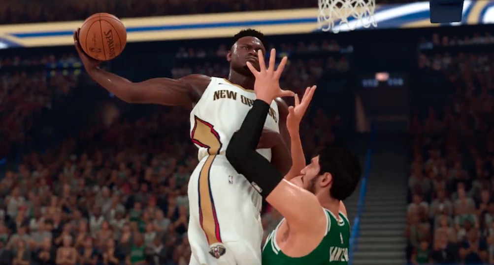 nba 2k20 shows zion williamson postering enes kanter in the game