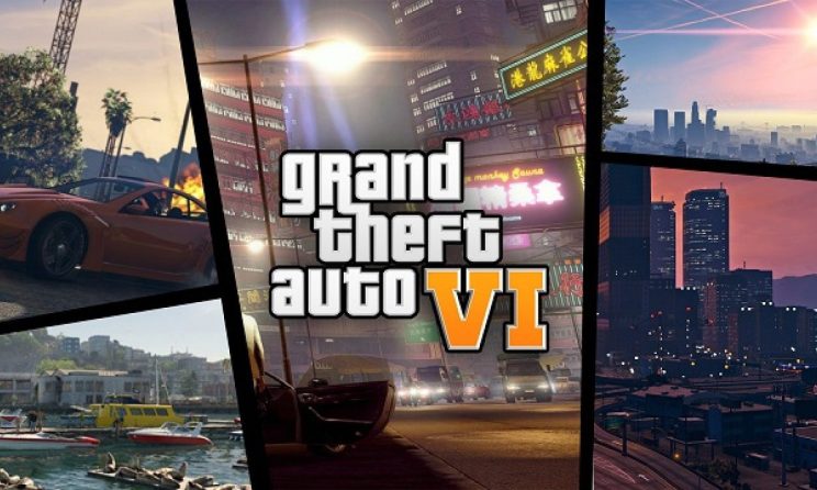 GTA 6 title and screenshot of a car on a city road.