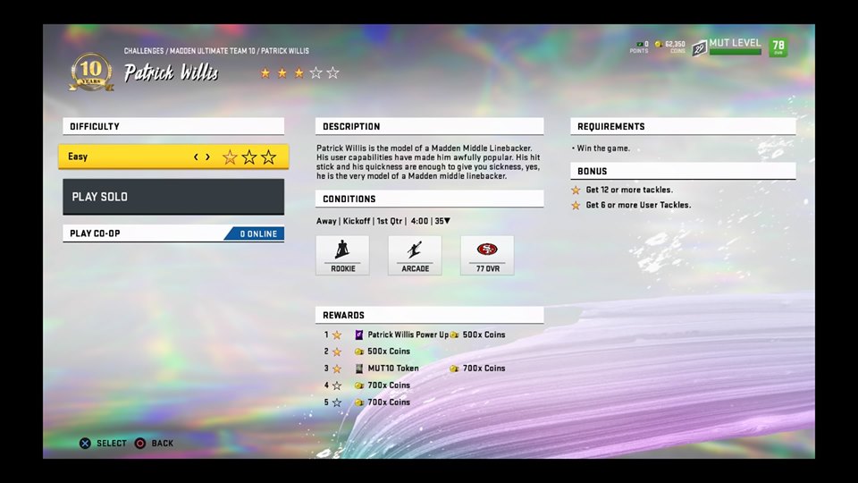 madden 20 patrick willis mut10 challenge screen