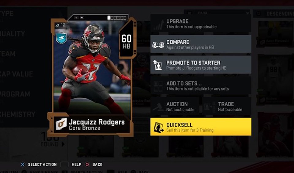 Madden 20 quicksell card in ultimate team for training