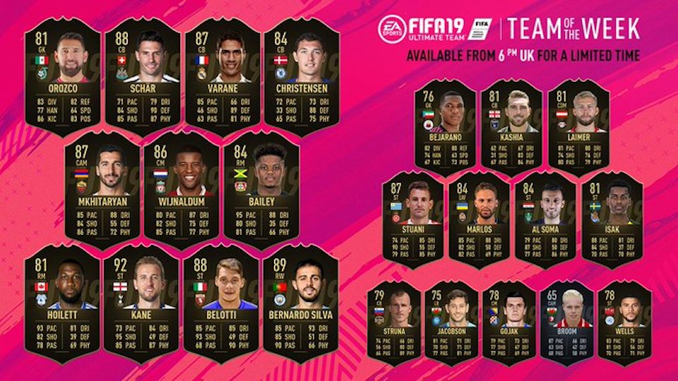fifa 19 team of the week 46 lineup including starting xi substitutes and reserves