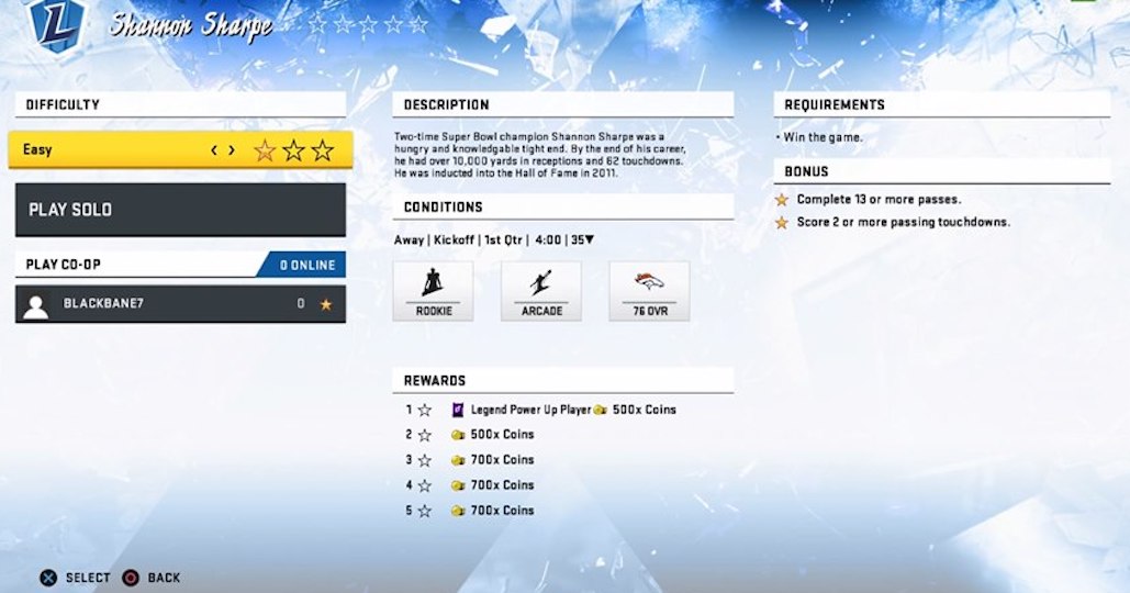 madden 20 Legends challenge screen for Shannon Sharpe Power Up