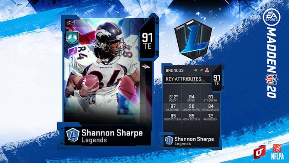 madden 20 legends boss card for shannon sharpe