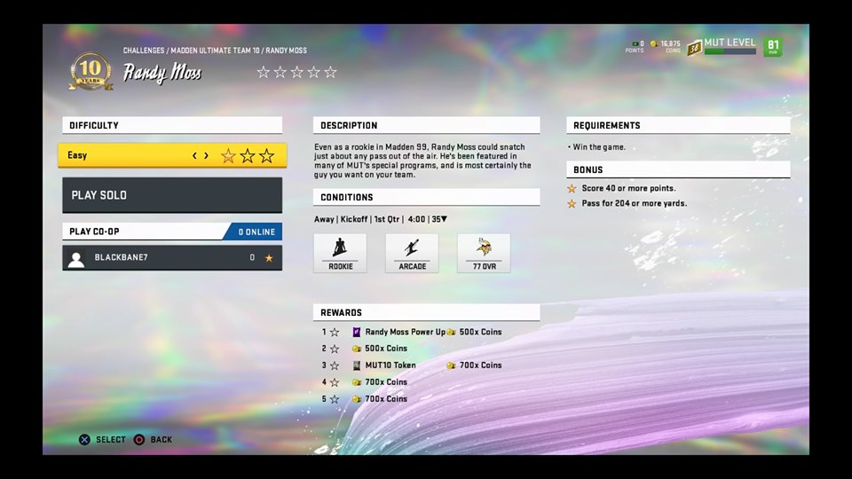 Madden 20 Ultimate Team Randy Moss MUT10 Challenge screen