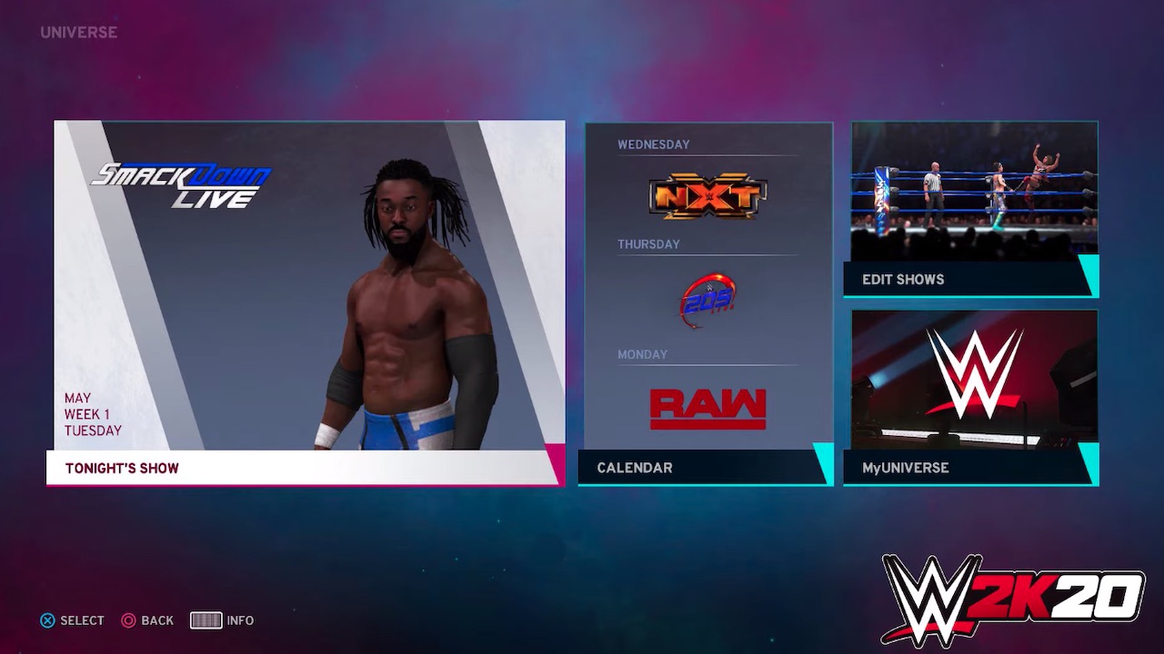 wwe 2k20 universe mode menu screen with smackdown live kofi kingston and more