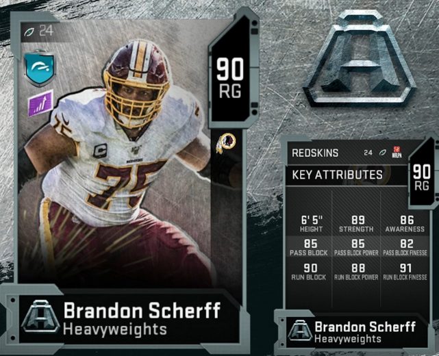 brandon scherff madden 20 heavyweights card with key attributes
