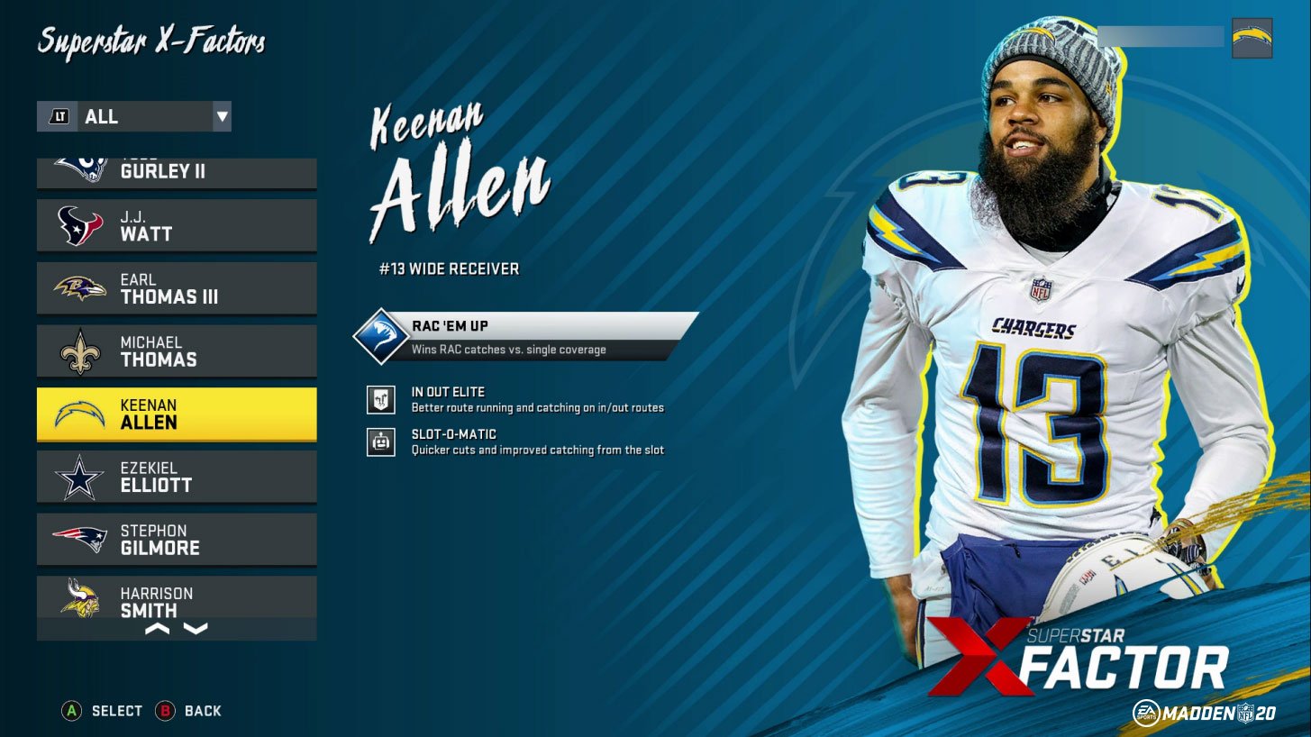 Madden 20 Keenan Allen Superstar X factor details