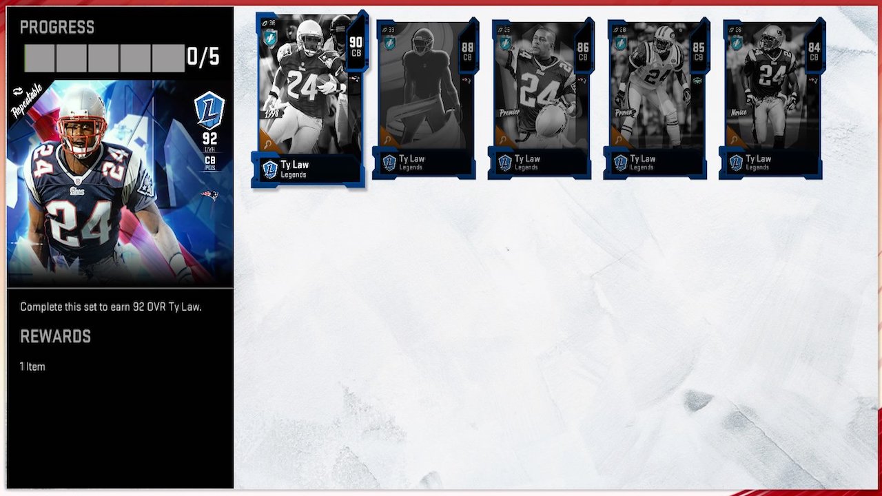 madden 20 legends ty law boss card exchange set