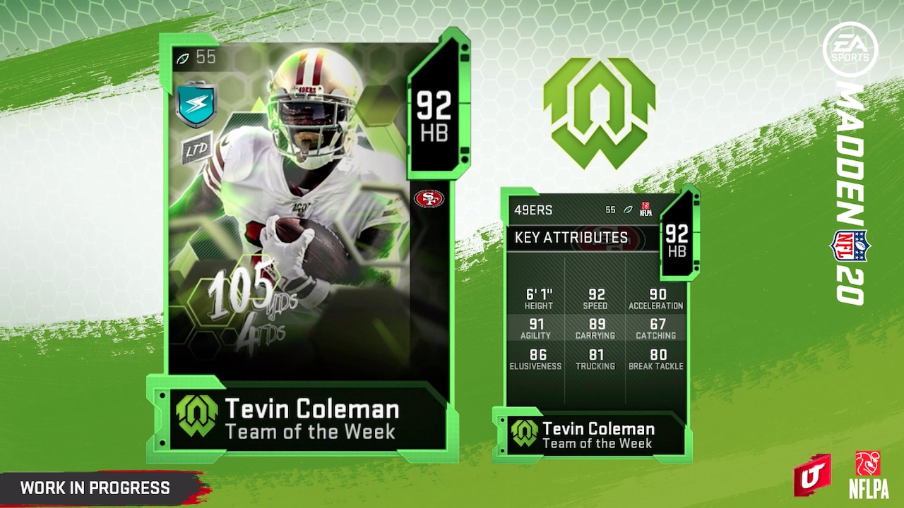 madden 20 team of the week 8 tevin coleman ltd card