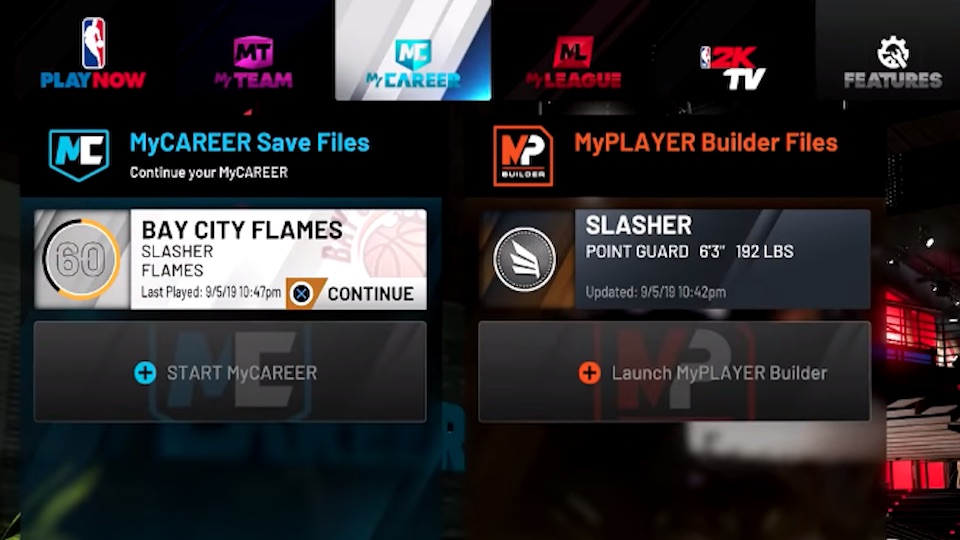 nba 2k20 menu screen with mycareer and myplayer save or builder file options
