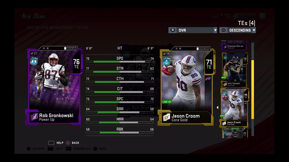 madden 20 ultimate team rob gronkowski power up card comparison