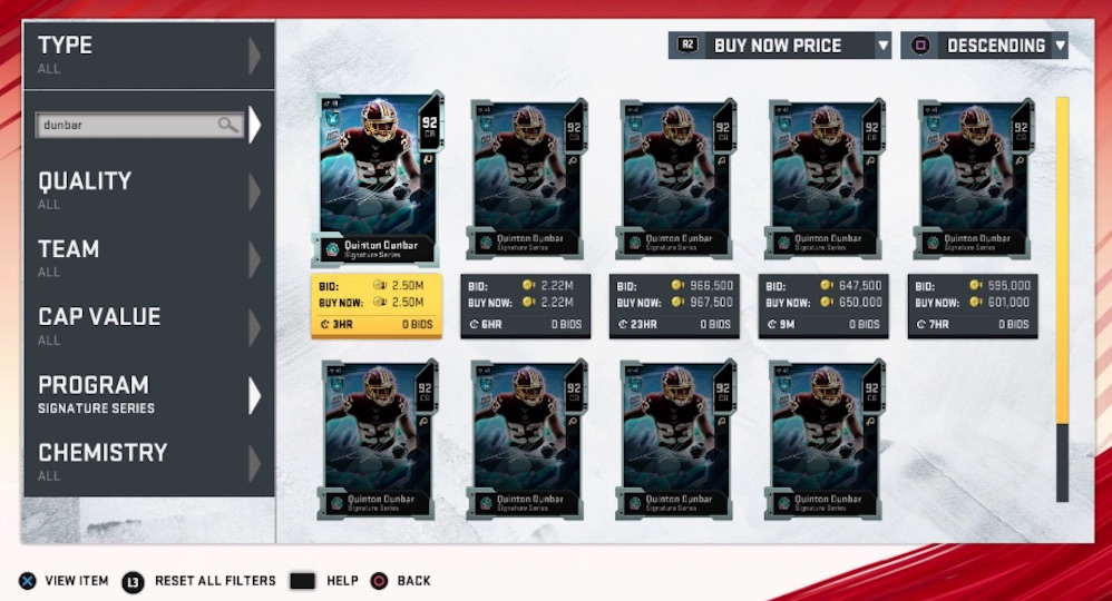 madden 20 signature series auction prices for quinton dunbar item