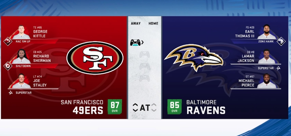 madden 20 game screen for 49ers vs ravens matchup