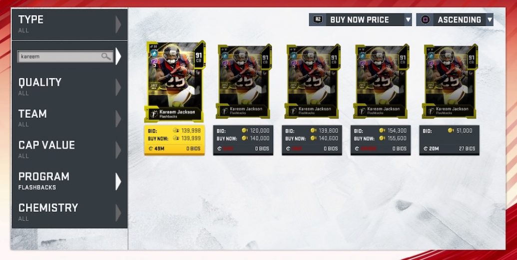 madden 20 flashbacks card auction listings for kareem jackson