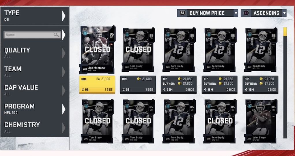 madden 20 auction browser montana and brady nfl 100 base card listings