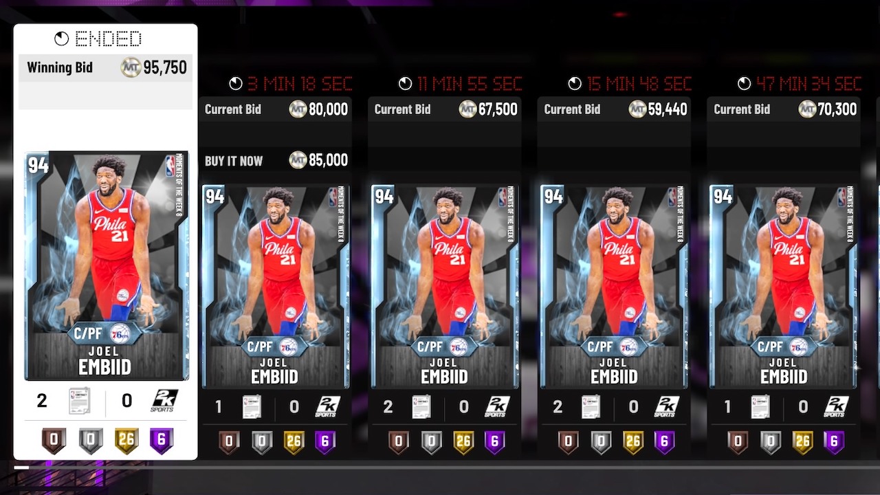 nba 2k20 auctions for joel embiid motw 8 card