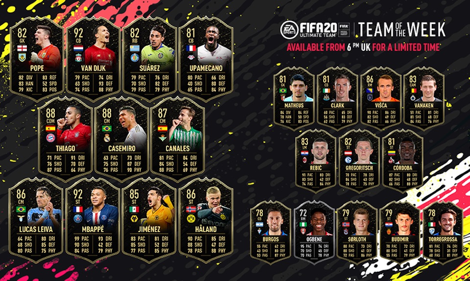 fifa 20 team of the week 19 starting xi substitutes and reserves
