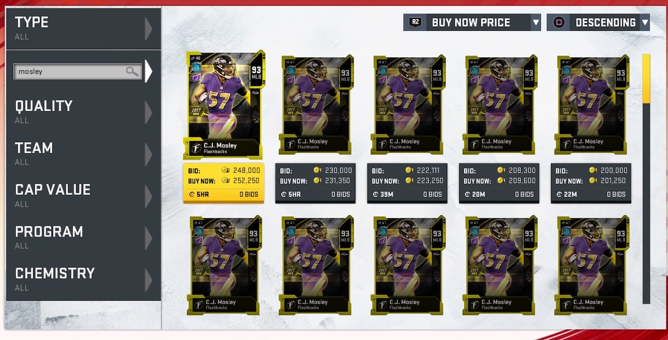madden 20 auction browser listings for cj mosley flashbacks card